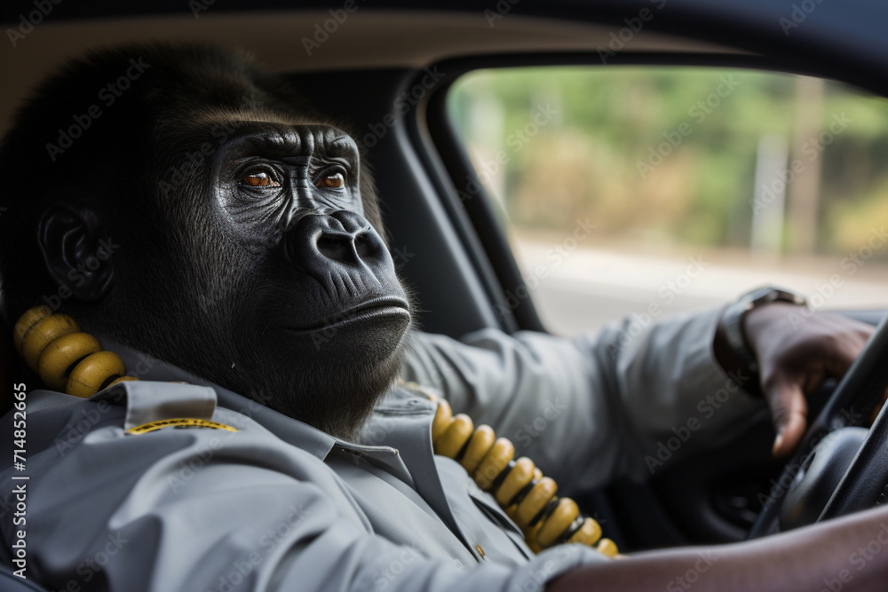 Portrait of humanized gorilla working as a taxi driver.