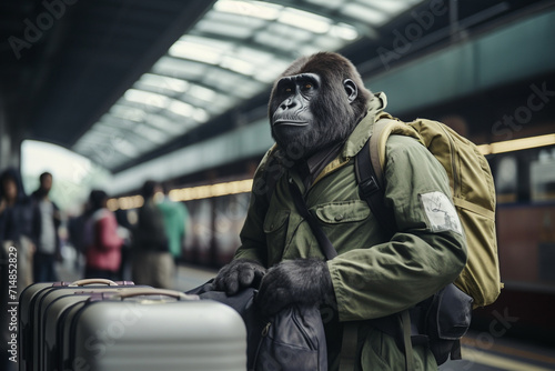 Portrait of humanized gorilla working as a porter on the railway station.