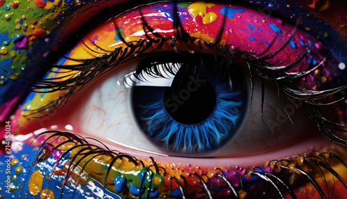 Blue eye of the person covered in colourful paints