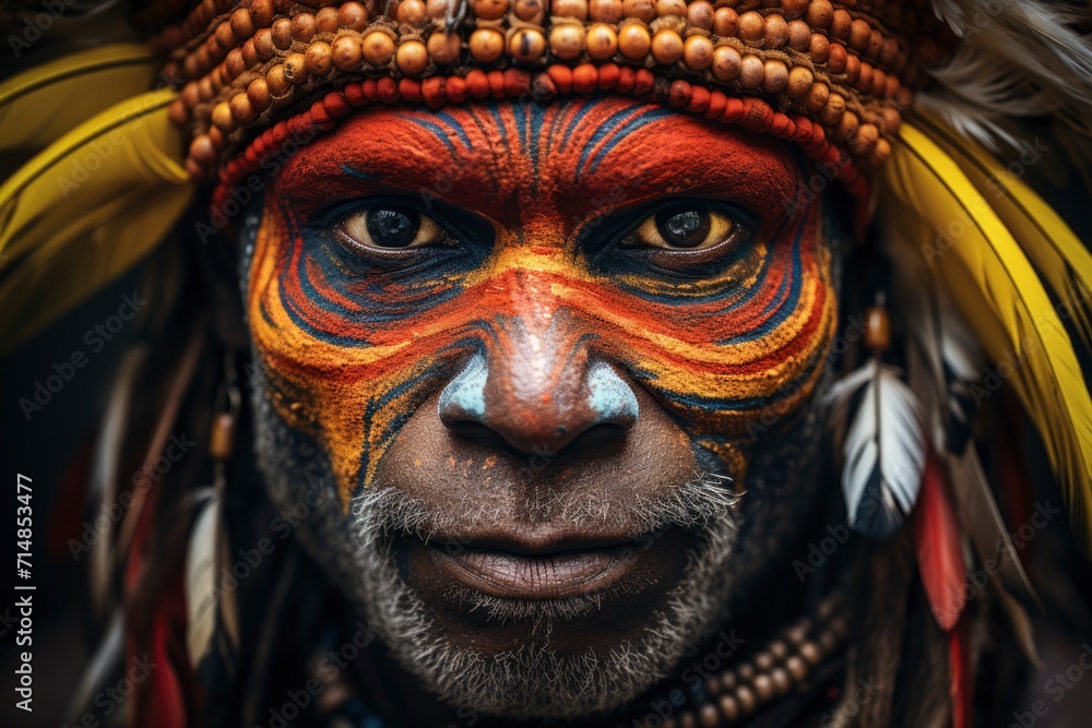 Close-up of an individual with vibrant traditional tribal face paint and a colorful feather headdress. Generative ai
