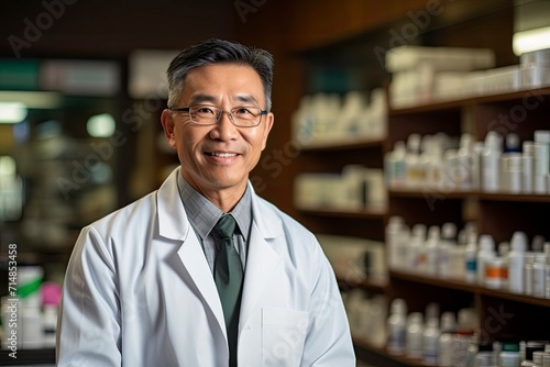 Mature Asian male pharmacist standing confidently with arms crossed in a well-stocked pharmacy. Generative ai