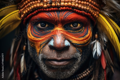 Close-up of an individual with vibrant traditional tribal face paint and a colorful feather headdress. Generative ai 