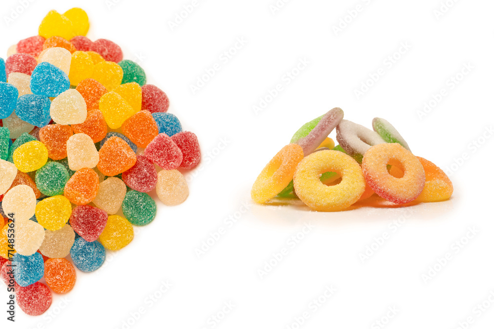 Assorted gummy candies isolated on a white background. Top view.