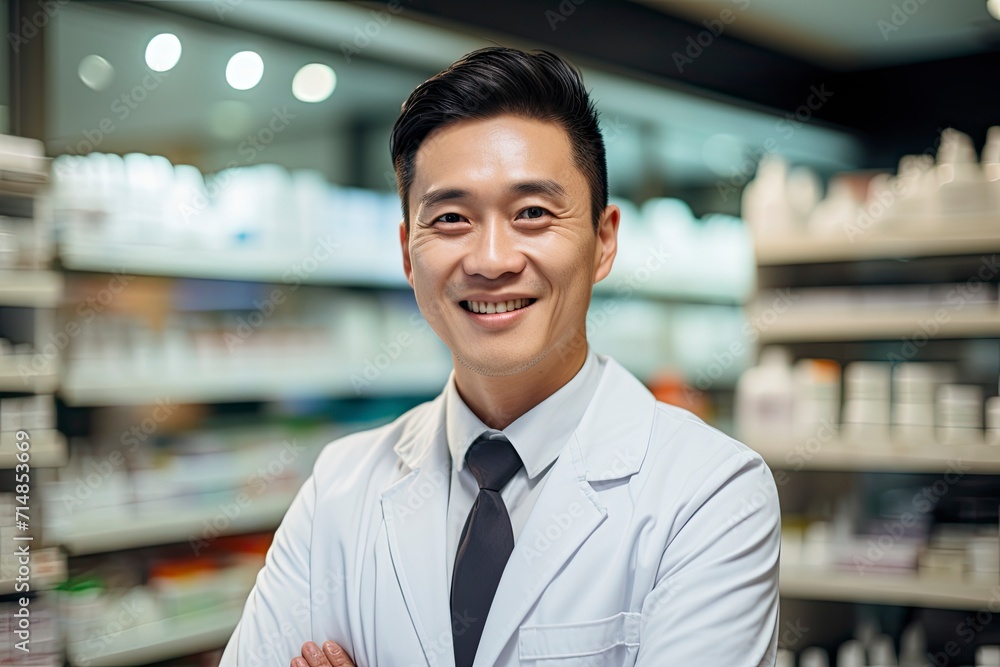 Mature Asian male pharmacist standing confidently with arms crossed in a well-stocked pharmacy.
Generative ai