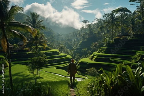 Senior man gazing out at the expansive green rice terraces in a serene tropical landscape. Generative ai 
