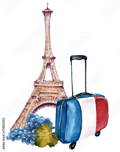 Watercolor hand painted Eiffel Tower with suitcase inParis,France. French architecture illustration,France tourist destination design.French product theme watercolor painting. photo