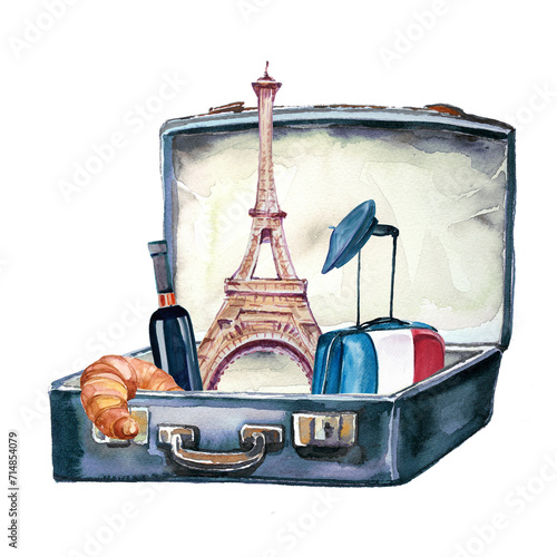 Watercolor hand painted Eiffel Tower with suitcase inParis,France. French architecture illustration,France tourist destination design.French product theme watercolor painting. photo