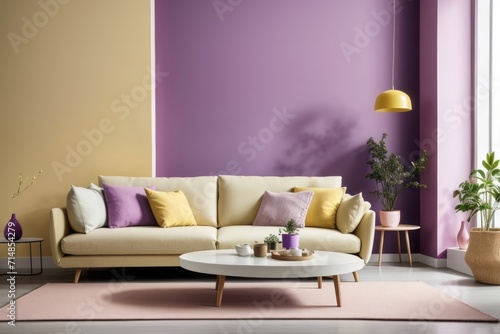 Scandinavian interior home design of modern living room with yellow sofa and wooden furniture with houseplants  yellow and purple wall