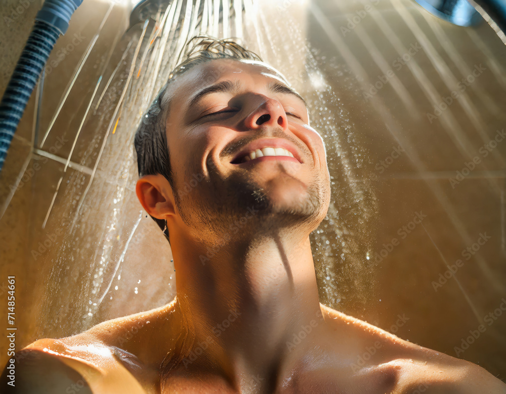 Handsome Young Man Enjoying a Refreshing Shower