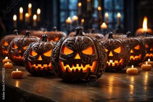 A glowing gathering of hand-carved cucurbits illuminates the festive spirit of halloween, beckoning trick-or-treaters to the indoor table adorned with flickering candles and autumnal squash photo