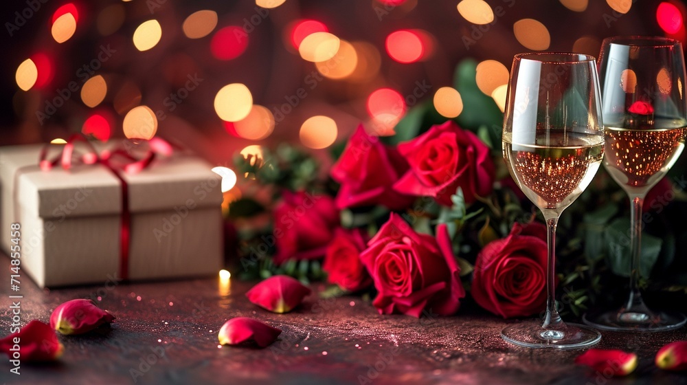 Valentine's Day banner with an elegant backdrop featuring a zotto gift box, wine glass, and a beautiful bouquet of roses. [Valentine's Day banner with zotto gift box, wine glass, a Valentine's Day banner with an elegant backdrop featuring a zotto gift box, wine glass, and a beautiful bouquet of roses. [Valentine's Day banner with zotto gift box, wine glass, a
