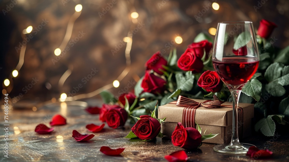 Romantic background for a Valentine's Day celebration, showcasing an elegant zotto gift box, wine glass, and a stunning bouquet of roses. [Romantic background with zotto gift box, 