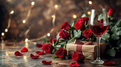 Romantic background for a Valentine's Day celebration, showcasing an elegant zotto gift box, wine glass, and a stunning bouquet of roses. [Romantic background with zotto gift box, 