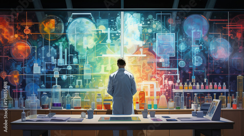 
A captivating painting depicting a scientist at work in a research facility, focusing on the vials and tubes filled with medical samples
