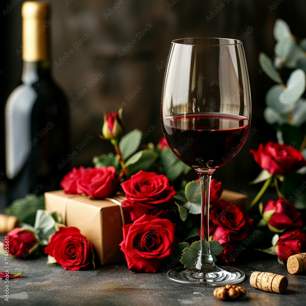 Stylish Valentine's Day banner design with an elegant zotto gift box, wine glass, and a bouquet of red roses creating a sophisticated atmosphere. [Stylish Valentine's Day banner wi Stylish Valentine's Day banner design with an elegant zotto gift box, wine glass, and a bouquet of red roses creating a sophisticated atmosphere. [Stylish Valentine's Day banner wi