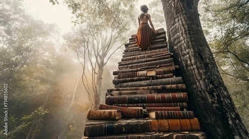 a girl in a brown dress climbs a ladder of books, concept for the World Book Day event