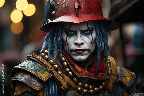 A man transforms into a powerful warrior as he dons a intricately crafted costume and mask, embodying a fictional character in the outdoor world of cosplay