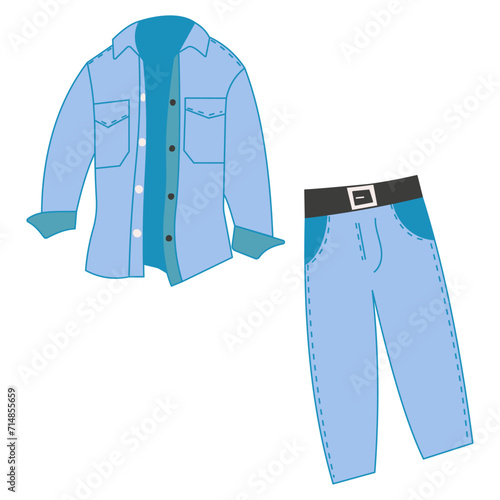 Jeans clothing. Trendy fashion denim casual clothes vector illustration, jeans and  jacket outfit garments models on white background