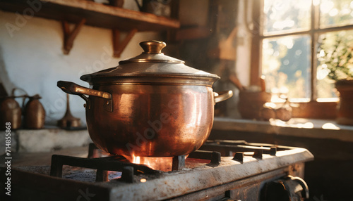Innovative Cooking Essentials: Copper Pan and Stove for Hot Meals in a Home Kitchen photo