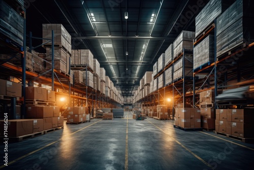 Modern warehouse interior with rows of shelves with large boxes, industrial storage area concept.