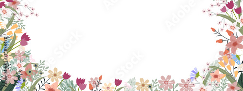 Spring background,Multicolour spring flowers and leaves on border on white background, Vector horizontal backdrop of cute blooming flora frame,Beautiful botanical for Mother day or Summer Holiday card