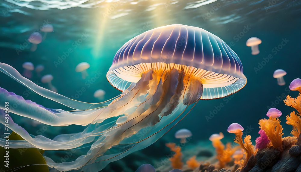 Obraz premium The Beauty of Underwater Jellyfish: A Glimpse into the Exotic and Transparent Life of these Stunning Sea Creatures