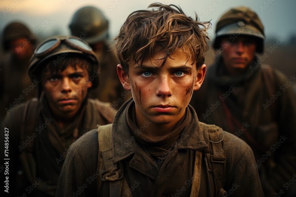 An array of stoic, uniformed soldiers stand in formation, their faces a mix of determination and duty, framed by the vast expanse of the great outdoors An array of stoic, uniformed soldiers stand in formation, their faces a mix of determination and duty, framed by the vast expanse of the great outdoors
