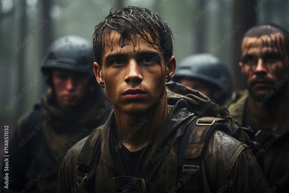 A team of soldiers, their faces determined, clad in uniforms, standing strong in the open air