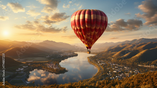 Hot red air balloon heart shape flying photo