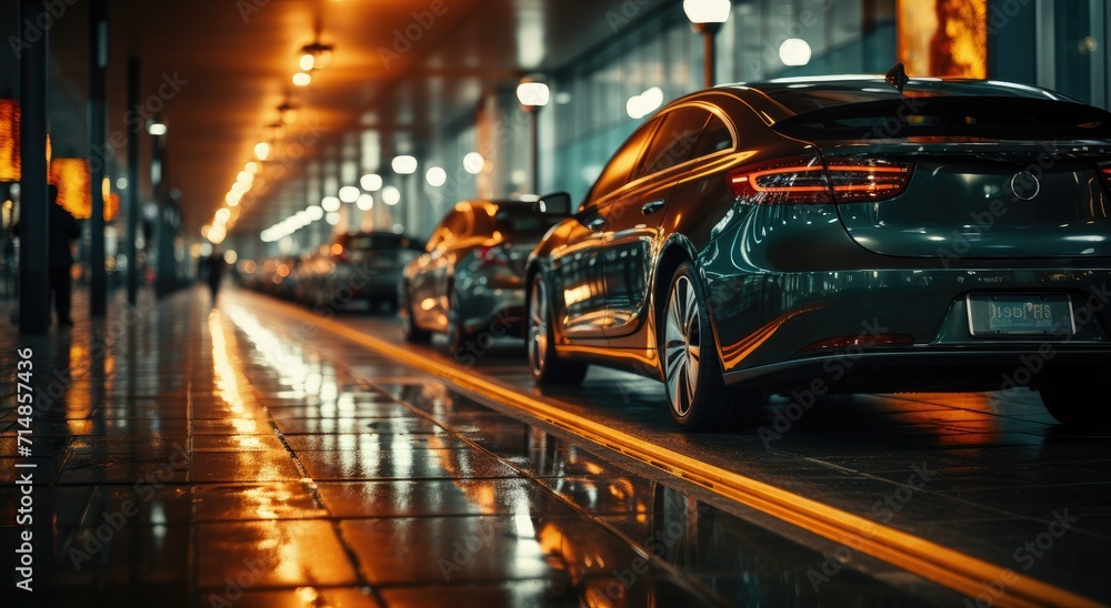 A row of sleek luxury cars, their wheels glinting in the night, parked in a tunnel beneath the city streets, illuminated by the soft glow of automotive lighting