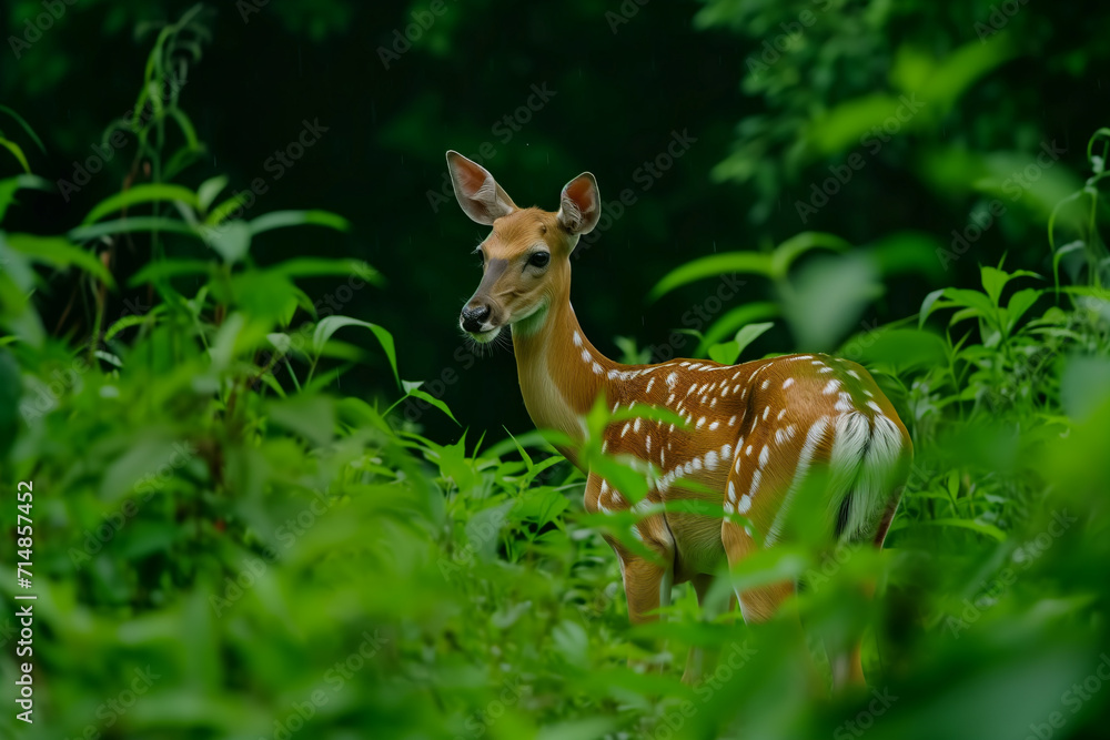 Young roebuck. Deer in foggy morning. European roe deer, Majestic buck standing in flowered meadow during rut season. Wild animal in natural habitat. Wildlife from summer nature. Young roebuck. Deer in foggy morning. European roe deer, Majestic buck standing in flowered meadow during rut season. Wild animal in natural habitat. Wildlife from summer nature.
