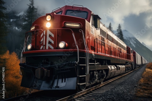 A vibrant red train chugs along the railroad tracks, cutting through the tranquil outdoor landscape as it travels towards the horizon under a cloudy sky