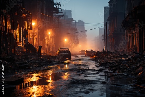 A desolate city street at night, ravaged by a natural disaster, with polluted rain falling from the dark sky onto the dirty ground and abandoned cars, as the buildings stand tall in the background