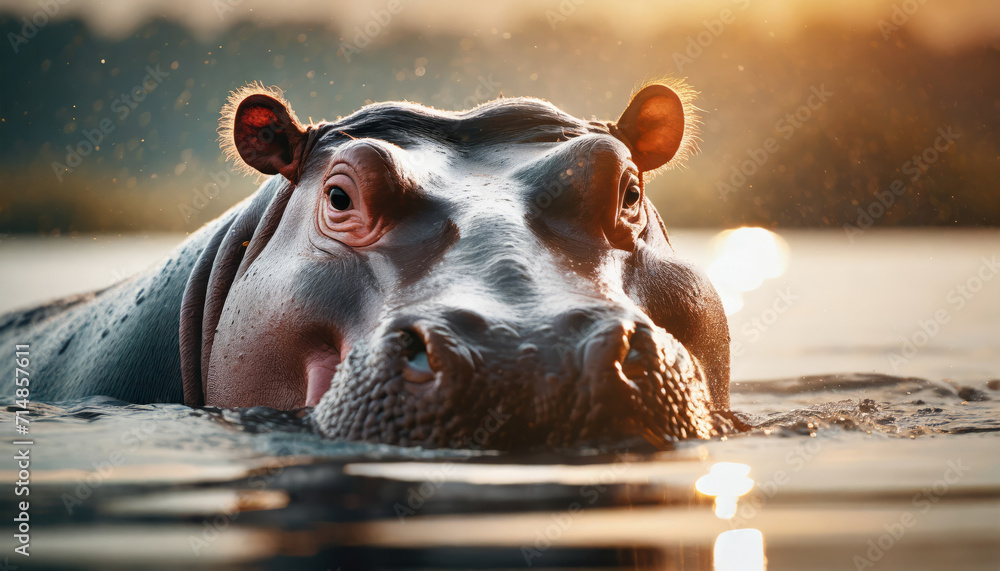 Fototapeta premium Playful Hippo Cooling Off in the Water