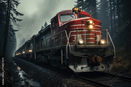 Under a starry sky, a powerful locomotive travels along the winding tracks, its vibrant red rolling stock cutting through the dark night as it transports passengers through the tranquil outdoor lands