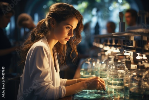 A woman dressed in casual clothing sits at an indoor counter, her human face reflecting a sense of calm as she takes a sip from her water bottle