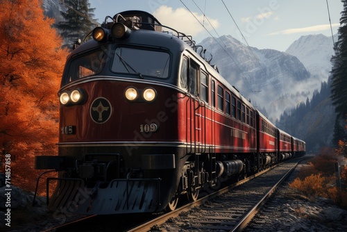 A vibrant red locomotive rolls through the majestic mountains, its steel tracks cutting through the lush outdoor landscape as it transports passengers on a scenic railway journey