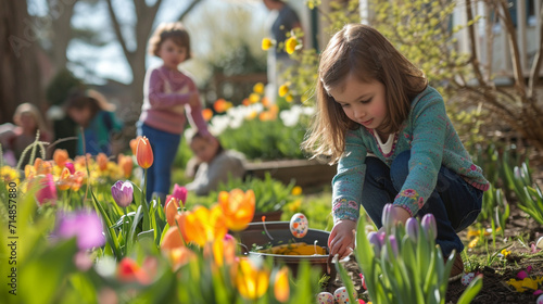 A charming Easter egg hunt unfolds in a quaint garden, with children eagerly searching for hidden treasures among blooming tulips and daffodils. The excitement and anticipation of photo