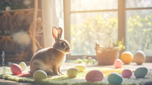 Inside a cozy living room, an Easter bunny sits on a plush rug surrounded by pastel-colored Easter eggs. The warm glow of sunlight streaming through the window creates a serene atm