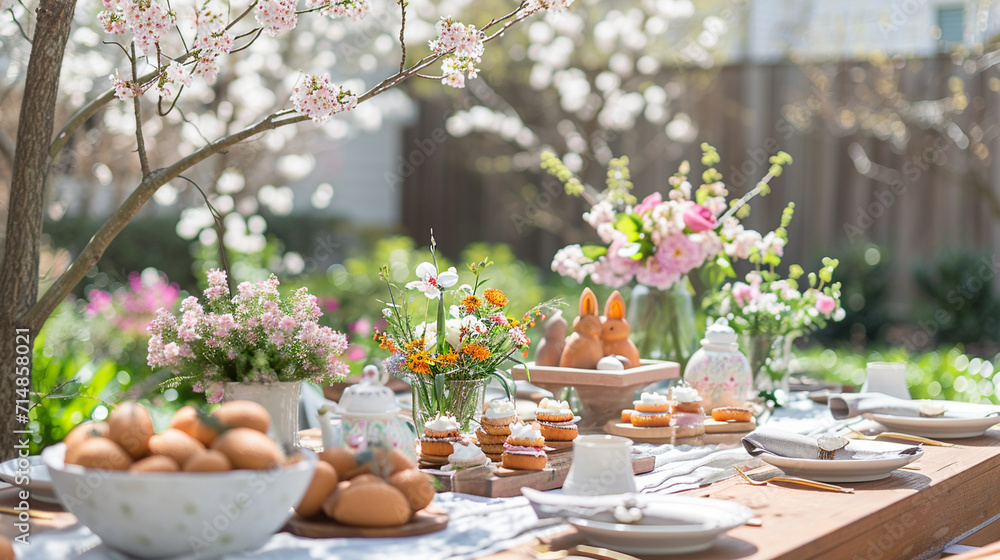 An Easter brunch setup in a garden filled with blooming cherry blossoms, featuring a beautifully arranged table adorned with Easter eggs, fresh flowers, and whimsical bunny-shaped An Easter brunch setup in a garden filled with blooming cherry blossoms, featuring a beautifully arranged table adorned with Easter eggs, fresh flowers, and whimsical bunny-shaped