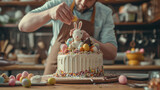 In a rustic kitchen, a baker meticulously decorates an Easter-themed cake adorned with edible Easter eggs and a chocolate bunny. The culinary artistry adds a delectable touch to th