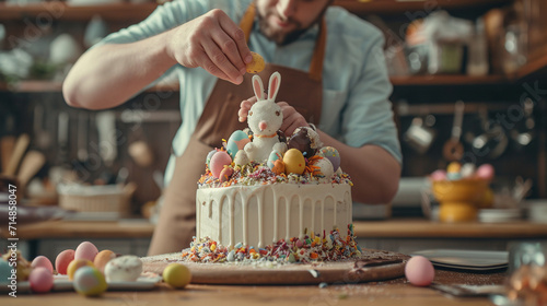 In a rustic kitchen, a baker meticulously decorates an Easter-themed cake adorned with edible Easter eggs and a chocolate bunny. The culinary artistry adds a delectable touch to th