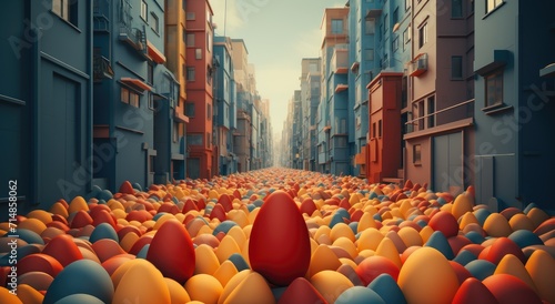 Amidst the towering buildings and bustling streets of the city, a row of vibrant orange eggs is lined up against the bright blue sky, an unexpected and whimsical sight