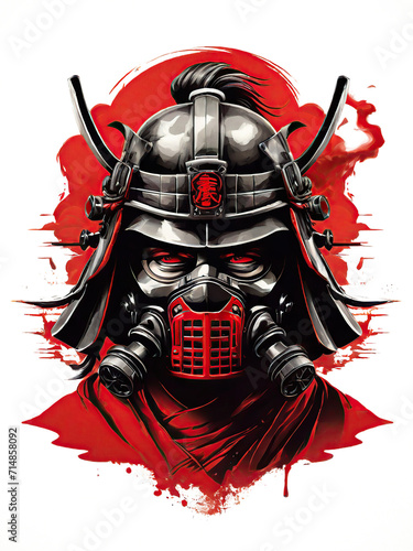 Illustration of Samurai Head Wearing Smoke Gas Masked.