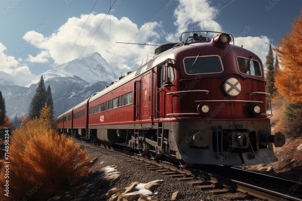 A majestic locomotive powers through the picturesque landscape, its vibrant red engine cutting through the open sky as it transports passengers on its journey along the winding railroad tracks amidst