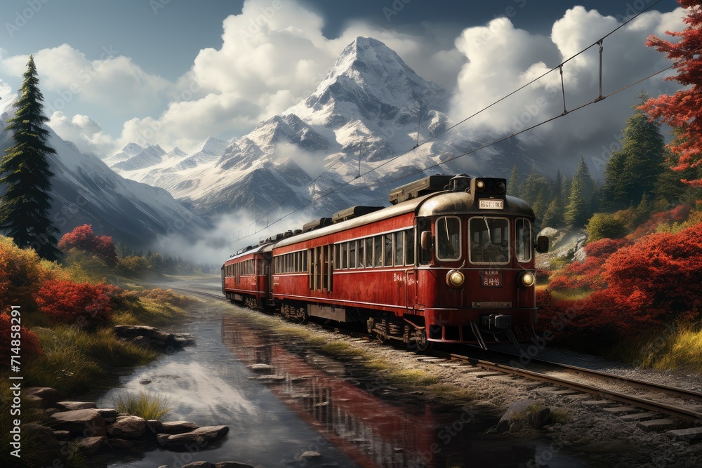 A majestic red locomotive rolls through the scenic mountains, its steel tracks guiding it towards new destinations as fluffy clouds dot the sky above