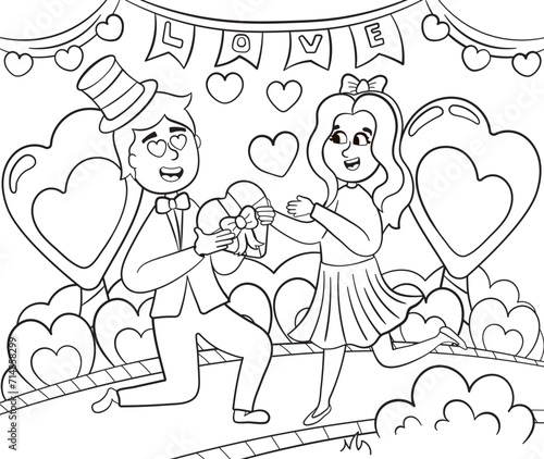Romantic confessions of love between kids, coloring page for print