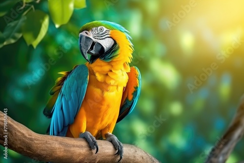 A scarlet macaw sitting on a branch. a representative of a large group of neotropical parrots called macaws photo