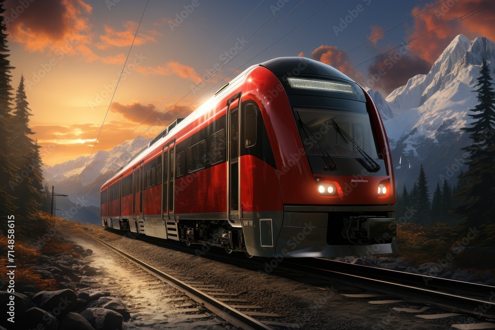 As the sun sets over the snow-capped mountains, a red train travels along the railway track, its rolling stock and passenger cars cutting through the tranquil landscape, a symbol of efficient public As the sun sets over the snow-capped mountains, a red train travels along the railway track, its rolling stock and passenger cars cutting through the tranquil landscape, a symbol of efficient public