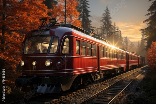 A vibrant red locomotive powers through the lush green forest, its passenger cars rolling along the track, a symbol of efficient public transport and the beauty of travel by land
